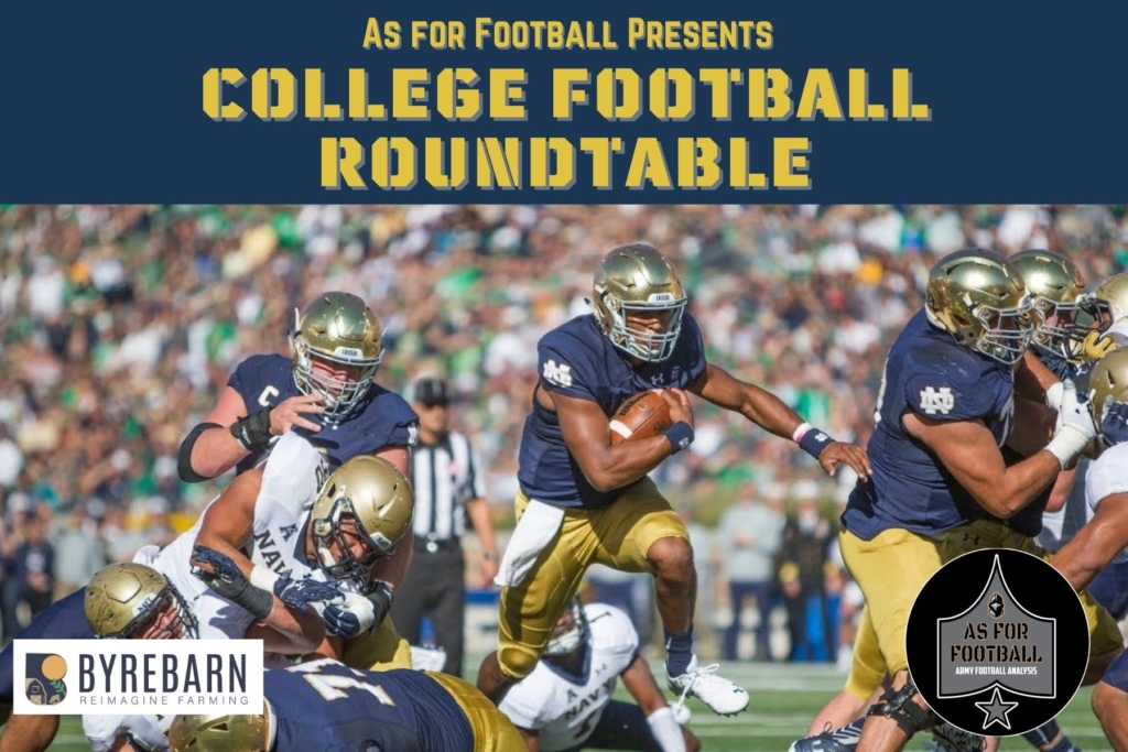 This week: the Roundtable is back, baby!

We run through the happenings on the service academy football teams, wonder what new Notre Dame QB Sam Hartman might do to Navy's secondary, and discuss the new AP Top 10.

Then we introduce you to Bandwagon Fantasy Sports, a team-based fantasy football league that we'll be using this season for our college football picks contest. Anyone can join our league, but if you want a shot at the Cruiserweight Picks Title, you have to be a member of the Firstie Club.

League Name: As for Football -2023 Official

Access Code: aff2023

Finally, we wonder who will be 2023's breakout player of the year in college football.

It's all happening, friends. We're just two weeks away!