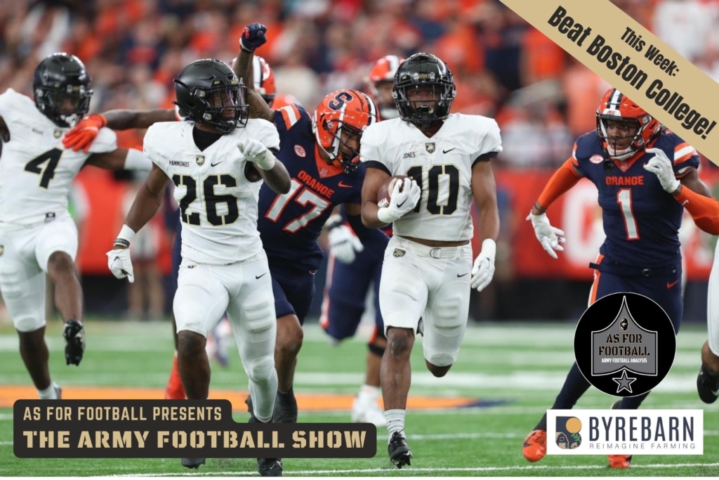 This week: the guys review Army's loss to Syracuse. They go deep on what went wrong -- and what went right. They then give you their takes, review last episode's Fact or Fiction predictions, and get into the Good, the Bad, and the Ugly.

Then it's on to Boston College!

Can Army beat a Power 5 team this year? This ought to be their best chance. The crew tells you all about BC's strengths and weaknesses and gets into what you need to watch for in this week's critical contest.

Go Army! Beat Boston College!!!